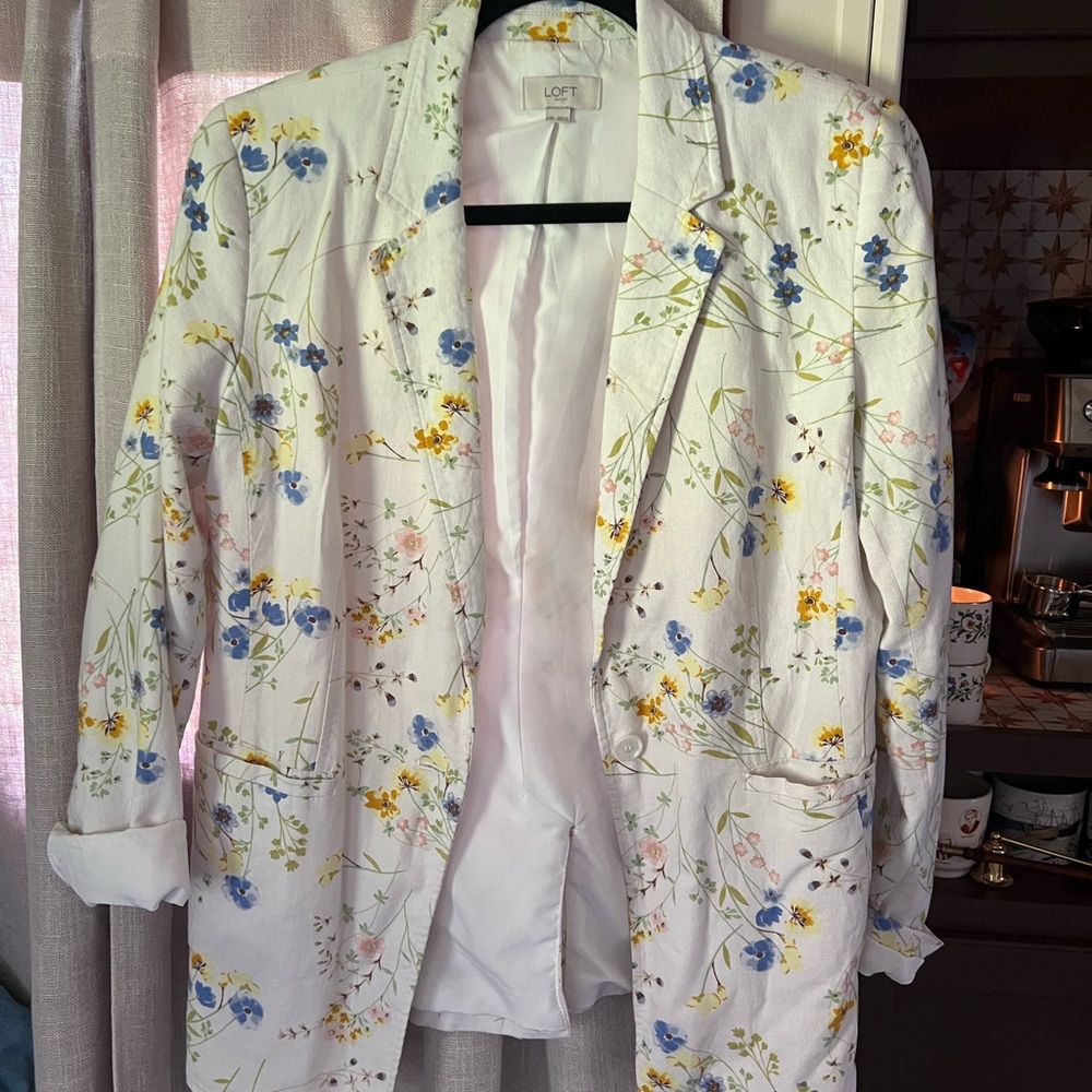 LOFT Linen blend Floral Blazer - White